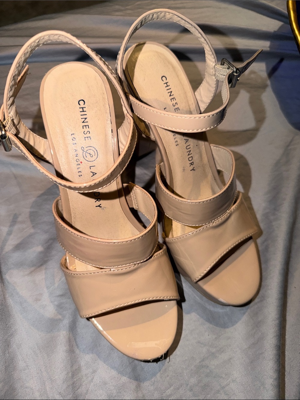 Chinese Laundry Beige Patent Strappy Block Heel Sandals